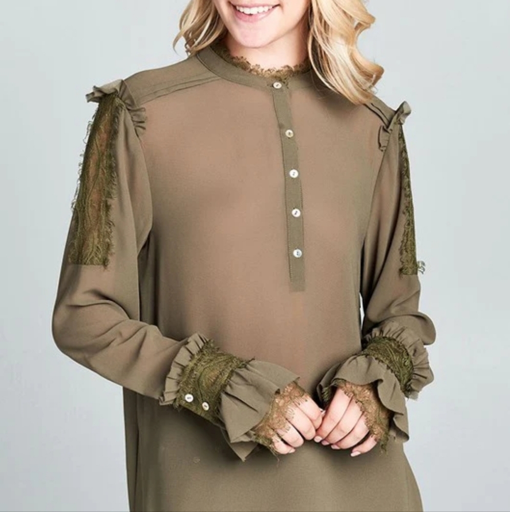 Sheer Long Sleeve Lace Trimmed Army Green Blouse